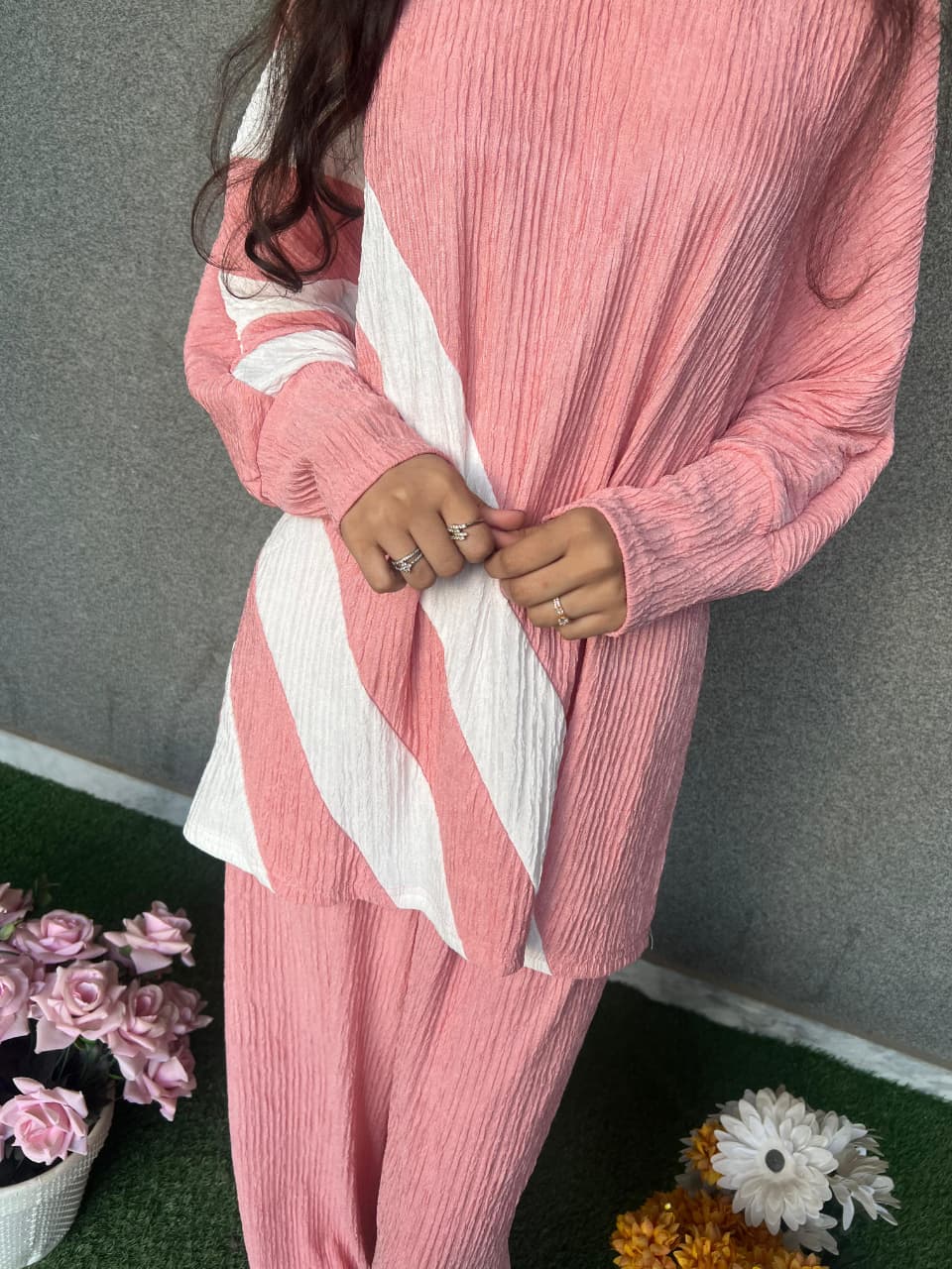 Zanvi Blush Pink Textured Lounge Co-Ord Set – Soft Two Piece Outfit for Women