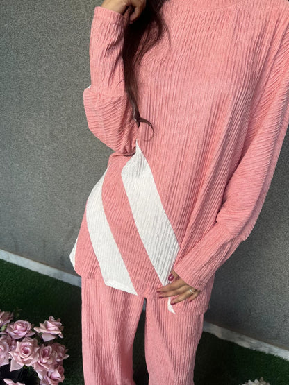 Zanvi Blush Pink Textured Lounge Co-Ord Set – Soft Two Piece Outfit for Women