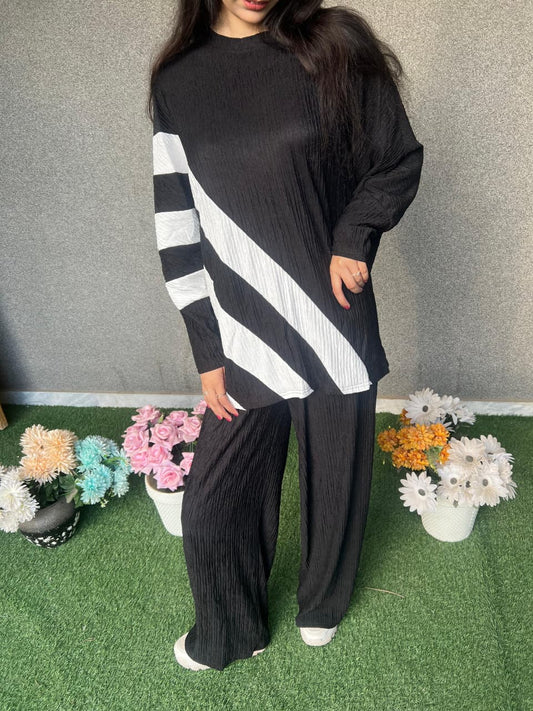 Black & White Diagonal Stripe Co-Ord Set – Premium Two Piece Women Outfit